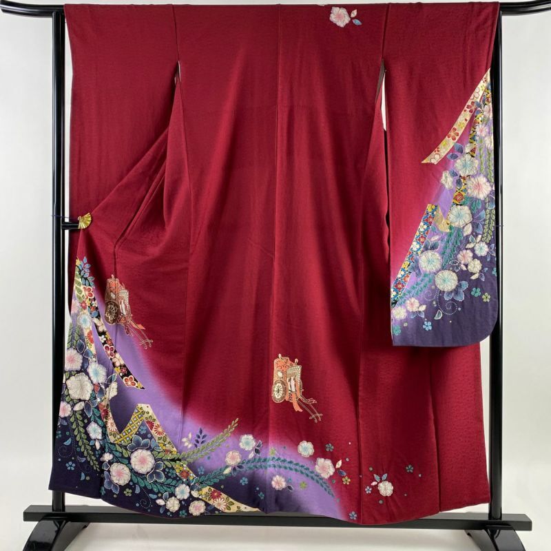 61.6inc Japanese Kimono SILK FURISODE Imperial carrier Golden Red-purple