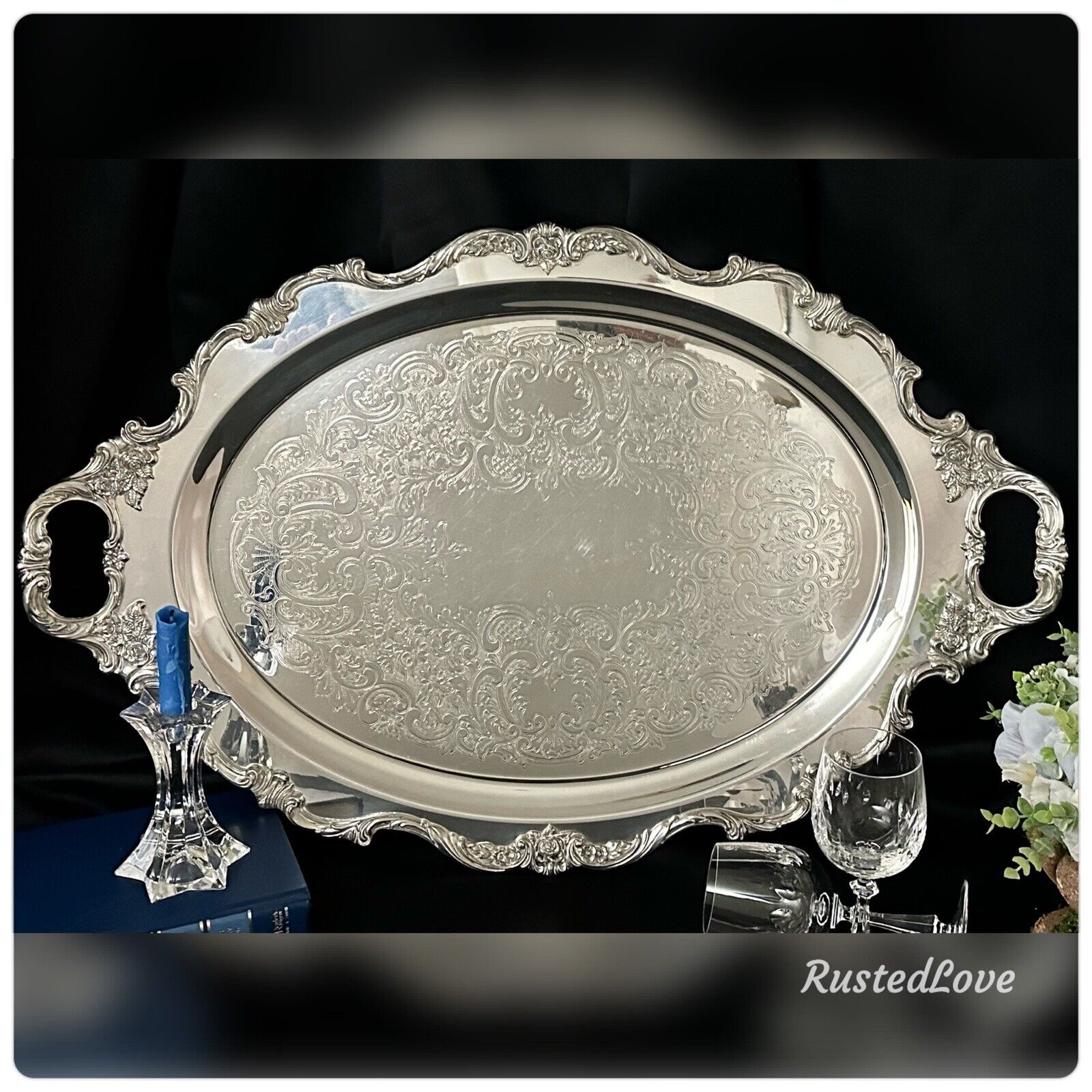 * Wallace Silver Royal Rose Waiter Large Footed Tray #9826 Silver Plated Tray