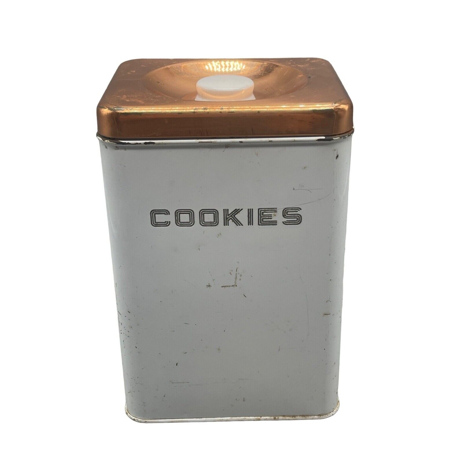 vintage lincole beauy ware cookie tin jar & lid rectangle white bronze color REA