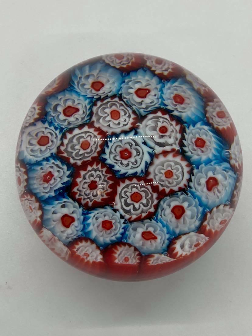 Vintage Millefiori Red, White, Blue Glass Paperweight - E5