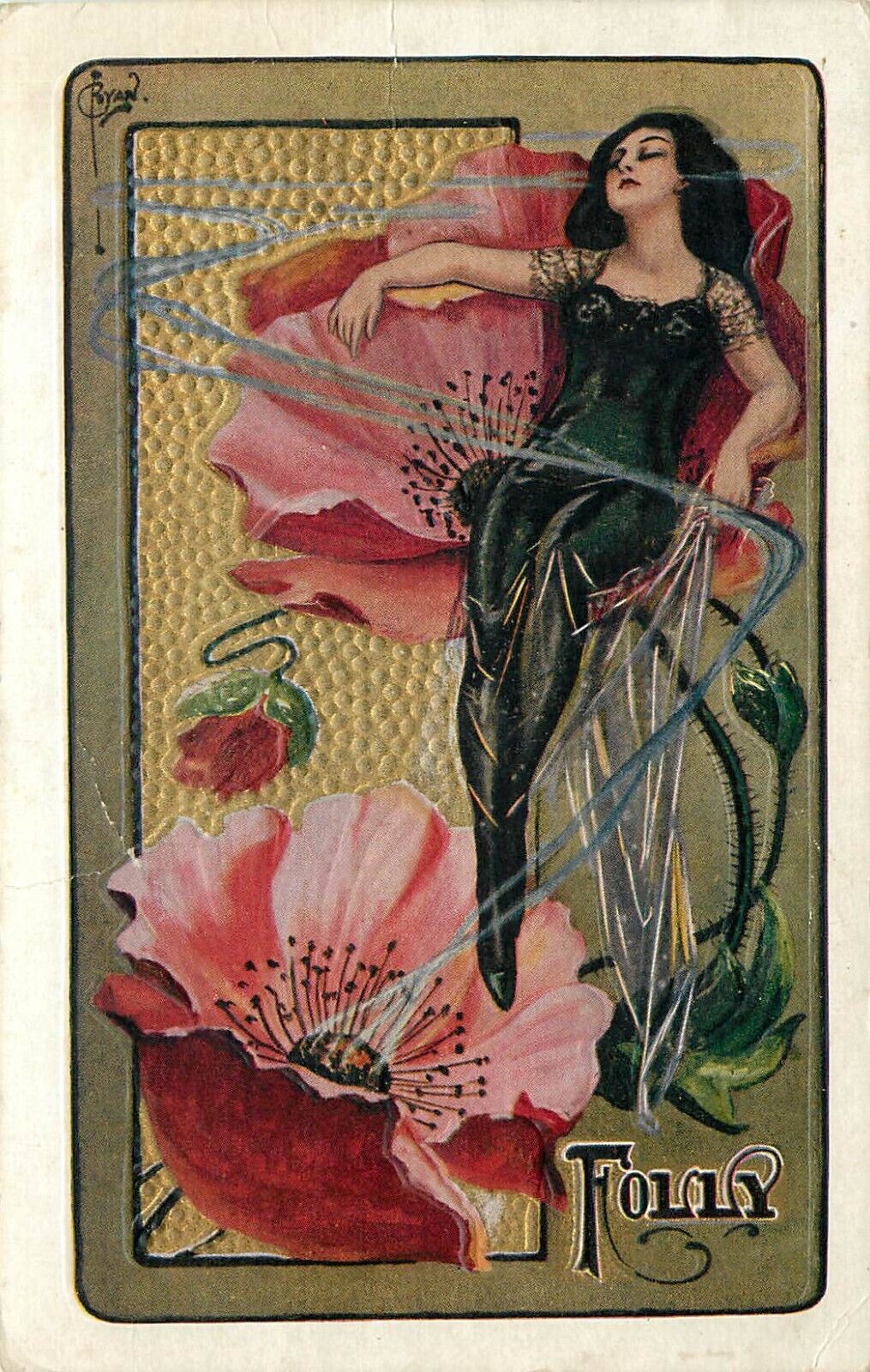 S/A Postcard Ryan A633 Folly Woman Sitting In Flowers Smells Fragrance Embossed