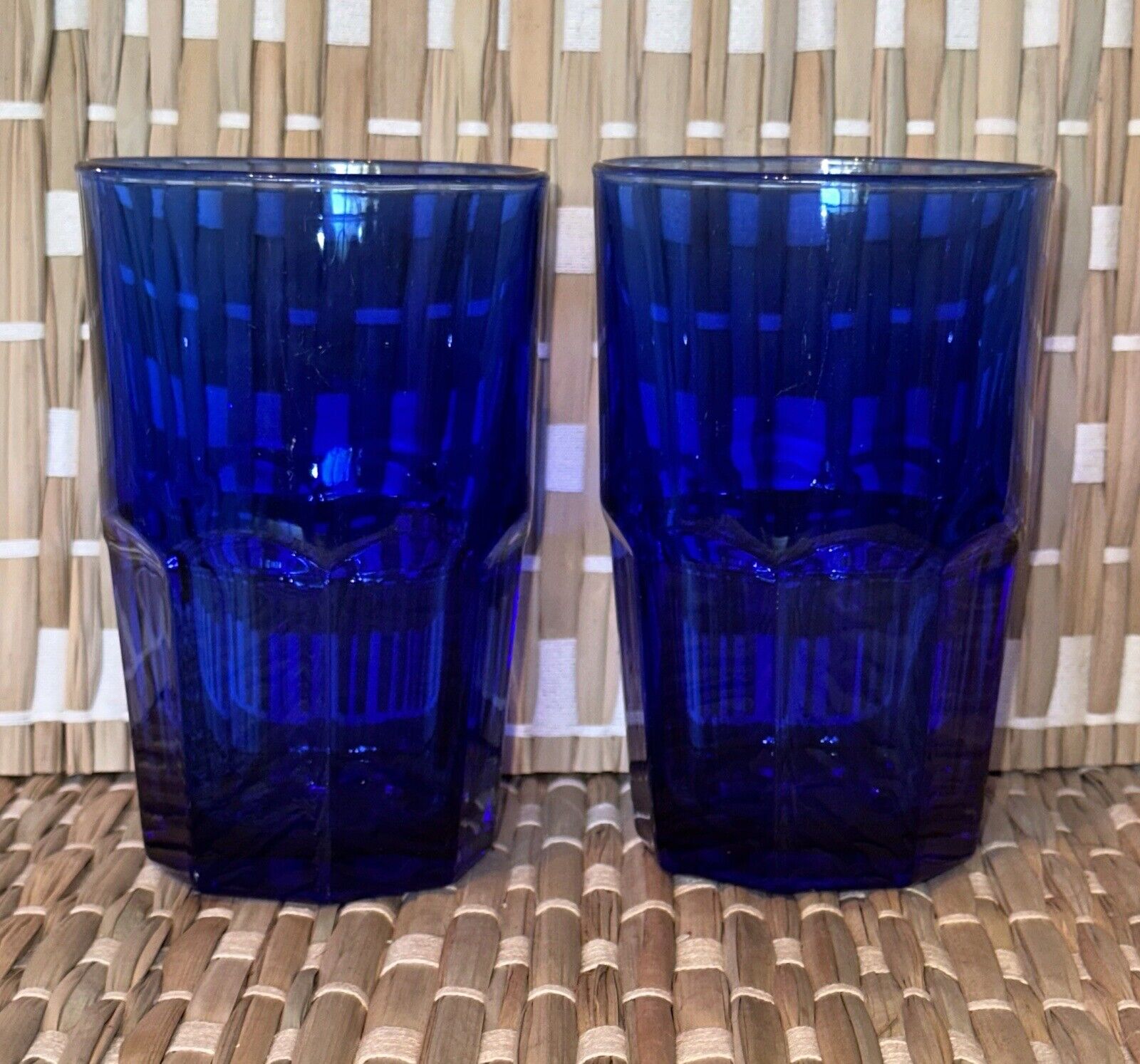 Vintage Set of 2 Libbey Crisa Cobalt Blue Drinking Glasses Paneled Tumblers 5.5