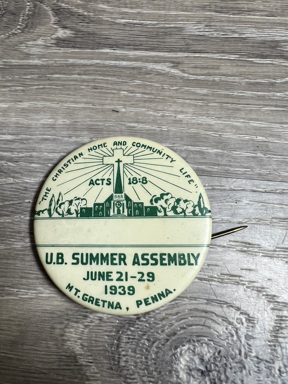 ub summer assembly mt gretna Pennsylvania june 1939 Vintage Button Christian 44