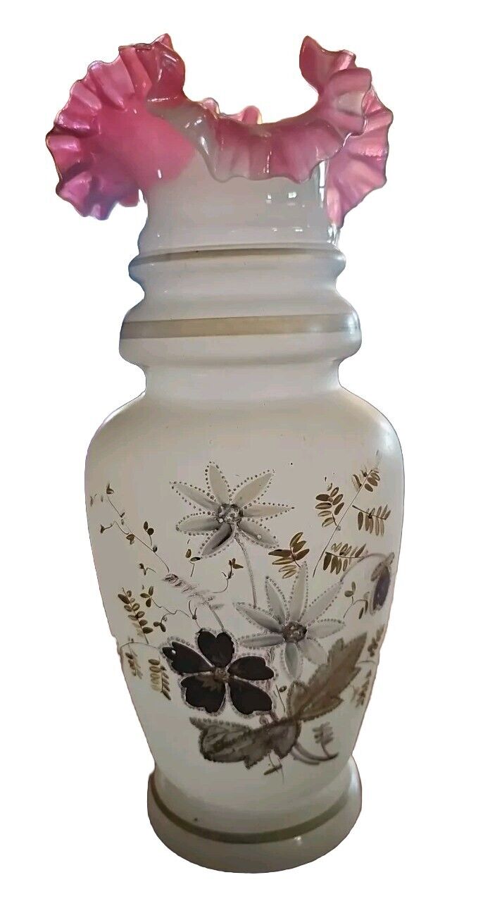 Antique Victorian Bristol Hand Blown Glass Vase w/ Pink Ruffled Rim & Floral