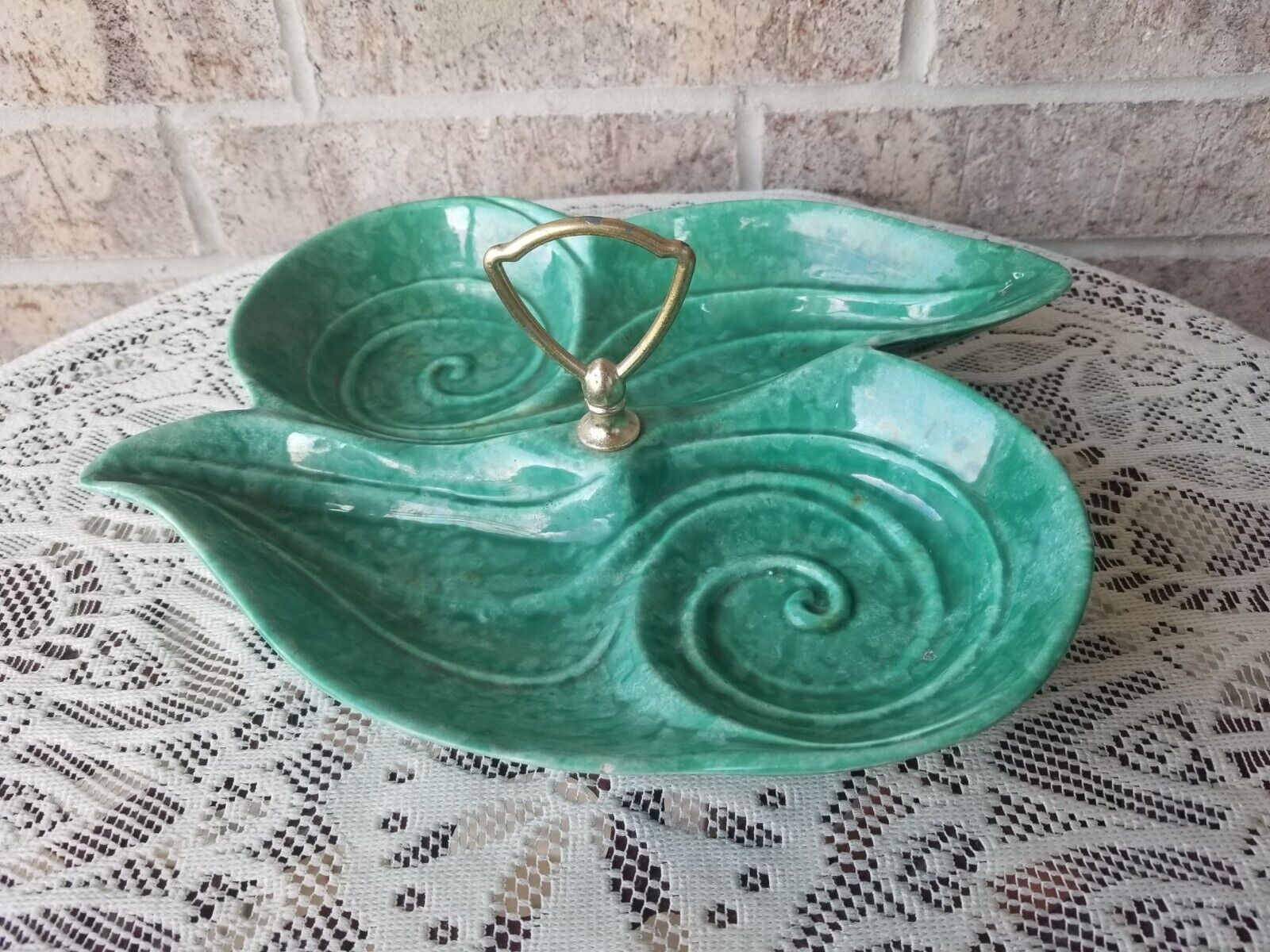 Mid Century Tidbit Tray Green Pottery USA Ceramic Divided Dish Handle 1950s