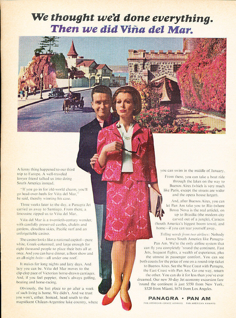 1965 Pan Am Vina Del Mar  - Vintage Advertisement Print Ad J492