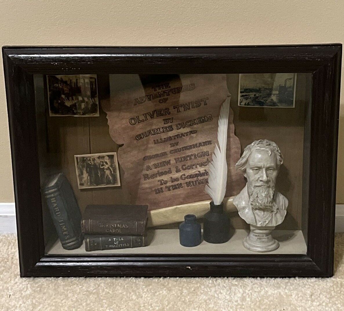 Charles Dickens Wood Frame Diorama w Bust Books Vintage Collector’s Wall Display