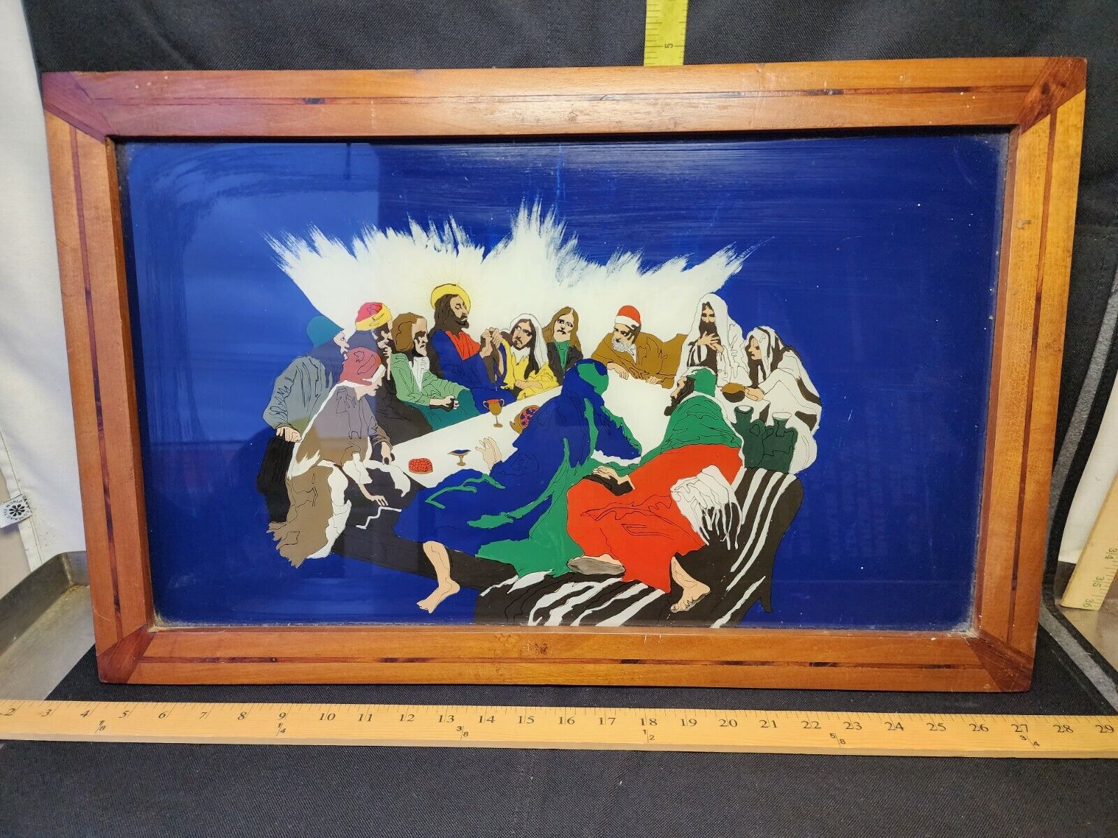 Vintage Foil Art Reverse Painted Glass  LAST SUPPER Wood Framed Ready2Display 