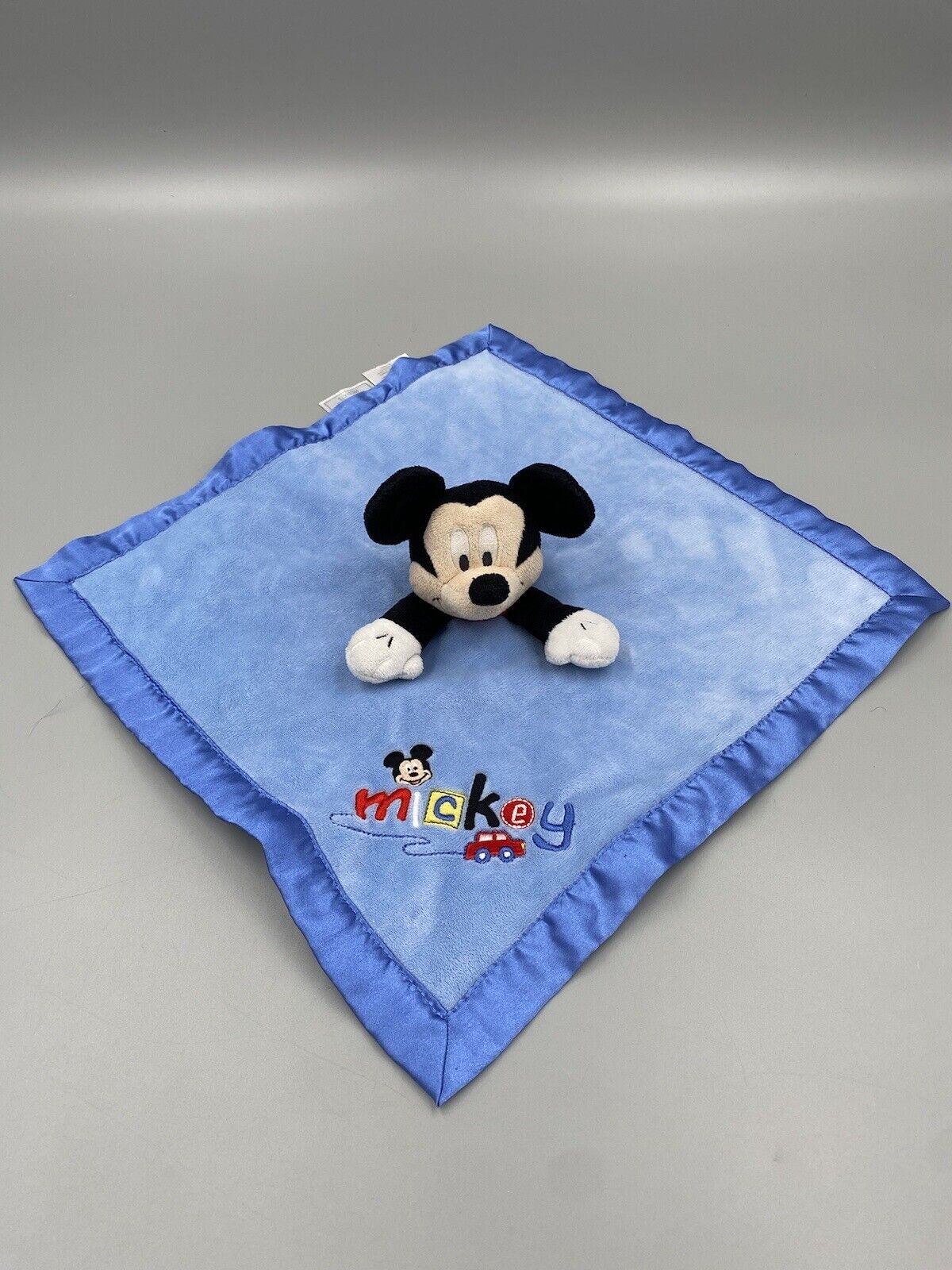 Disney Baby Mickey Mouse Rattle Lovey Plush Blue Satin Trim Security Blanket