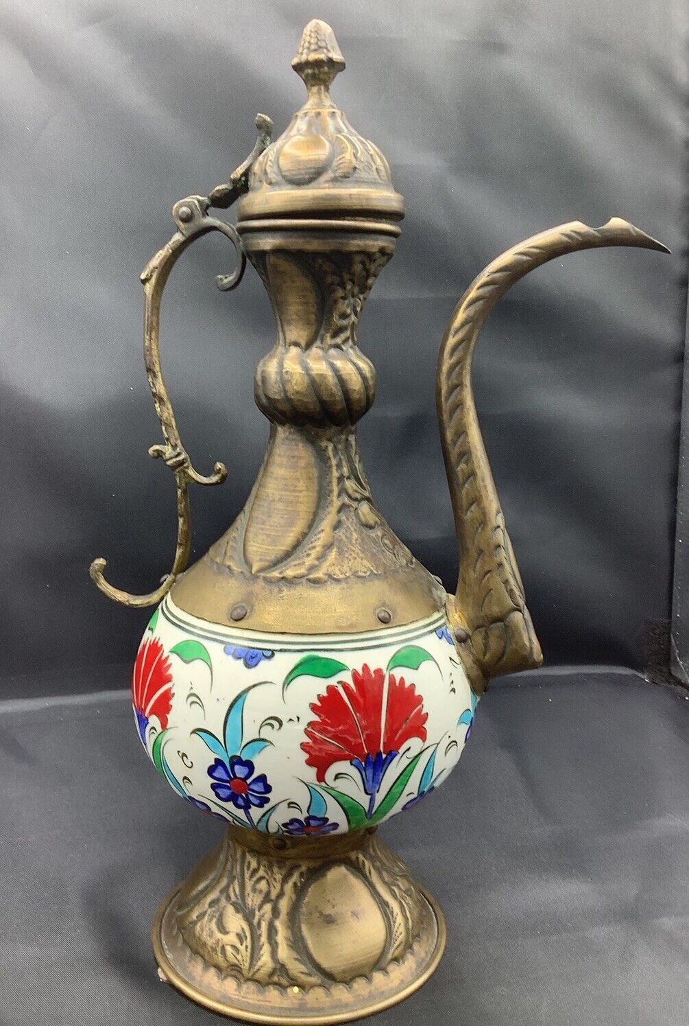 Antique  Turkish Porcelain And Brass Ewer Pitcher 11 Inch Tall