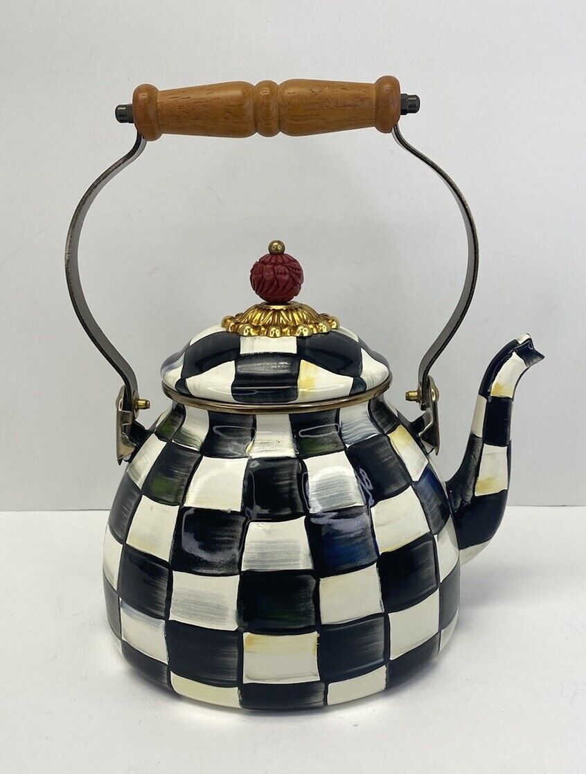 Mackenzie Childs Courtly Check Large 3 Quart Tea Kettle w/ Cinnabar Lid Top