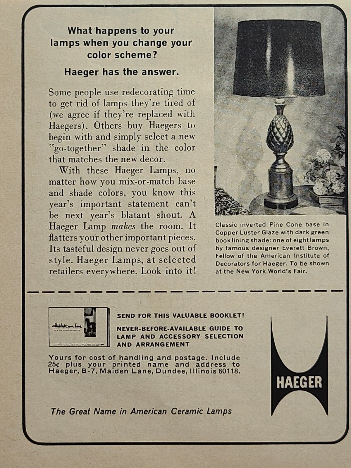 Haeger Great American Ceramic Lamps Dundee Illinois Vintage Print Ad 1964