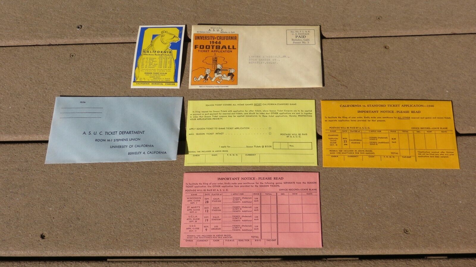 COMPLETE California CA Berkeley 1946 Football Ticket Application Postal Cover ++
