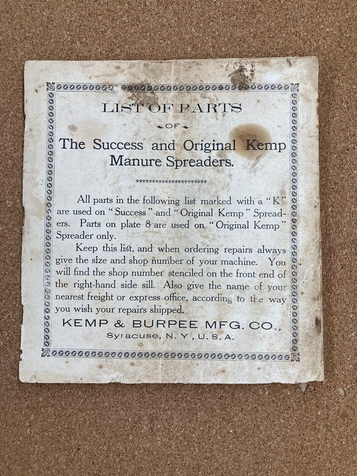 c. 1880 KEMP & BURPEE SUCCESS AND KEMP ORIGINAL MANURE SPREADER PART LIST MANUAL