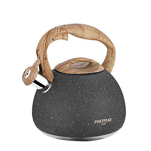 Poliviar Tea Kettle 2.7 Quart Natural Stone Finish With Wood Pattern Handle Loud