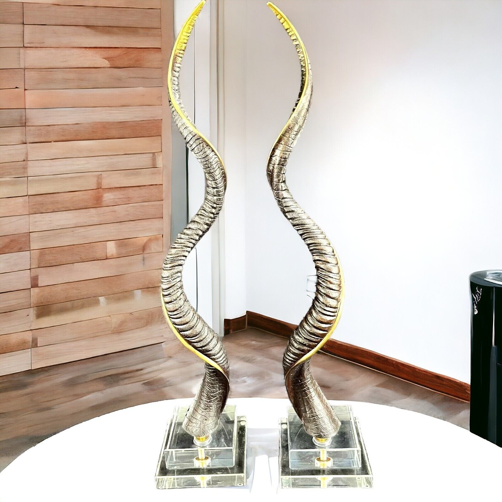 Two African Safari metal gold lined Horn Sculptures with Stands 40''