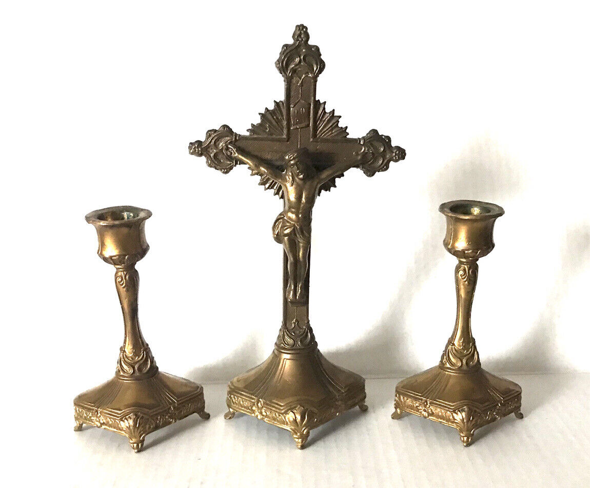 Vintage Brass Cross Crucifix Church Altar Statue Candlestick Candlesticks Art