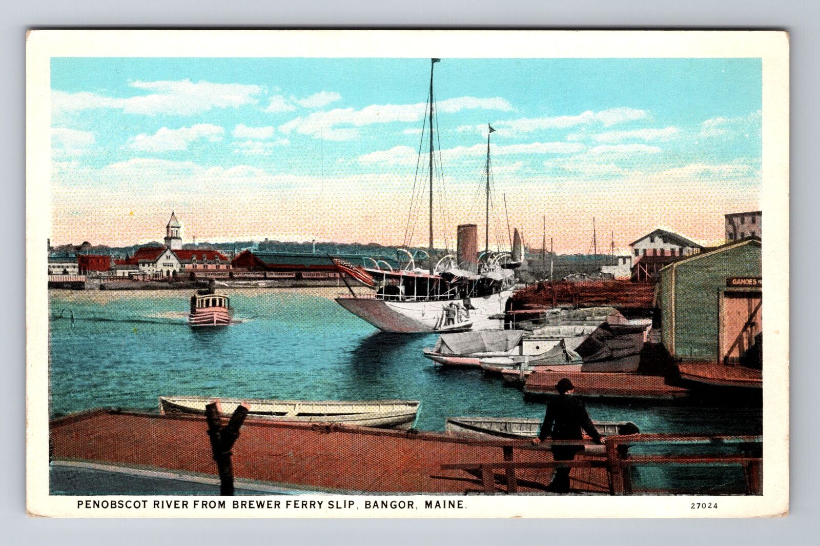 Bangor ME-Maine, Penobscot River, Dock, Ferry, Sailing Ship, Vintage Postcard