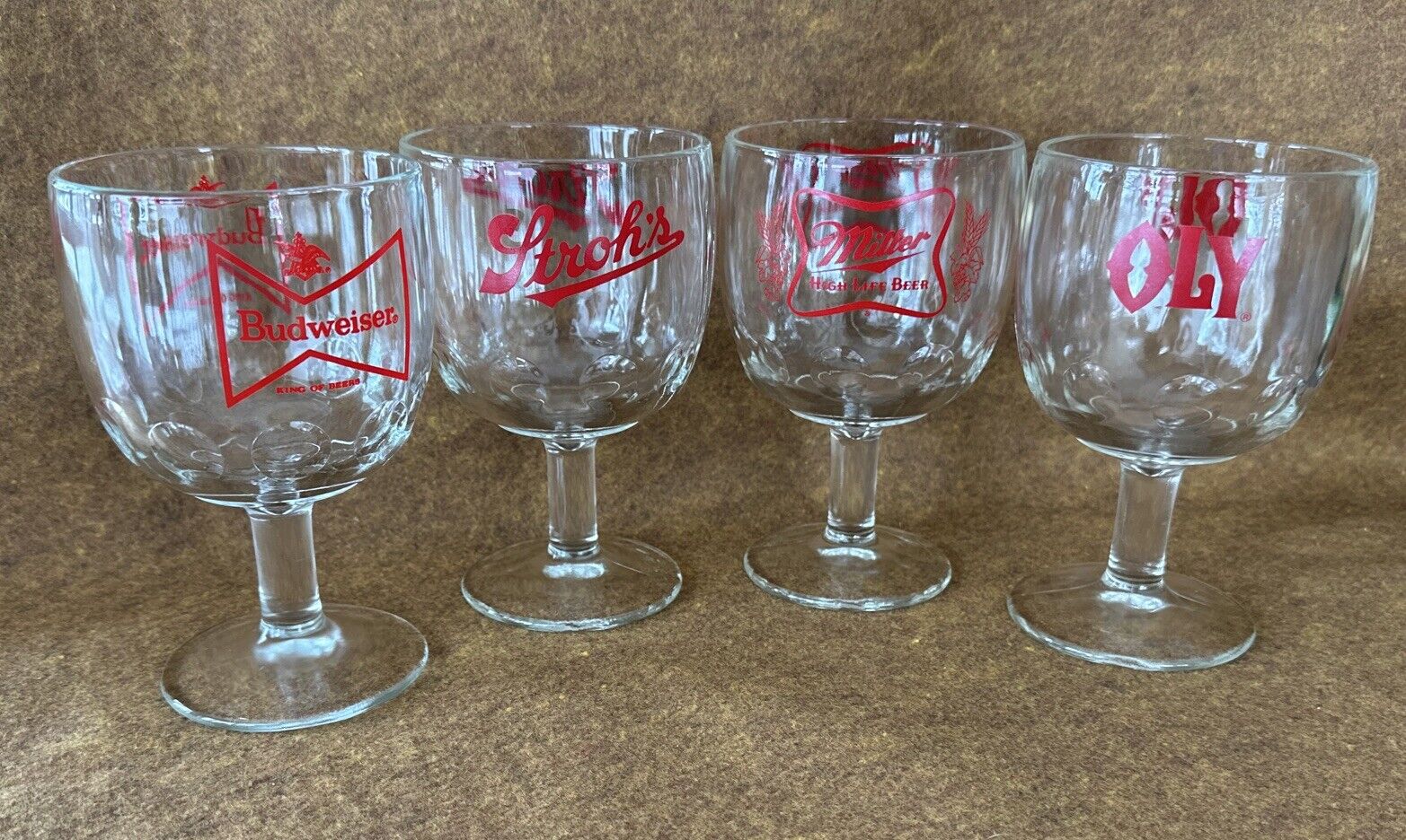 Vintage Beer Glass Thumbprint Goblet Lot of 4 ~ BUD, Stroh's, Miller, OLY ~ Red