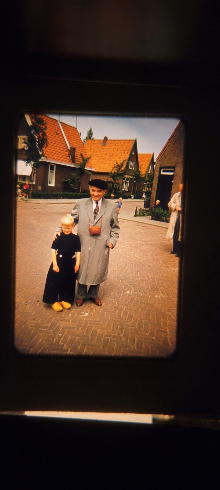 KU09 35MM SLIDE Americana photo Photograph BOY IN WOODEN SHOES POSES WITH MAN