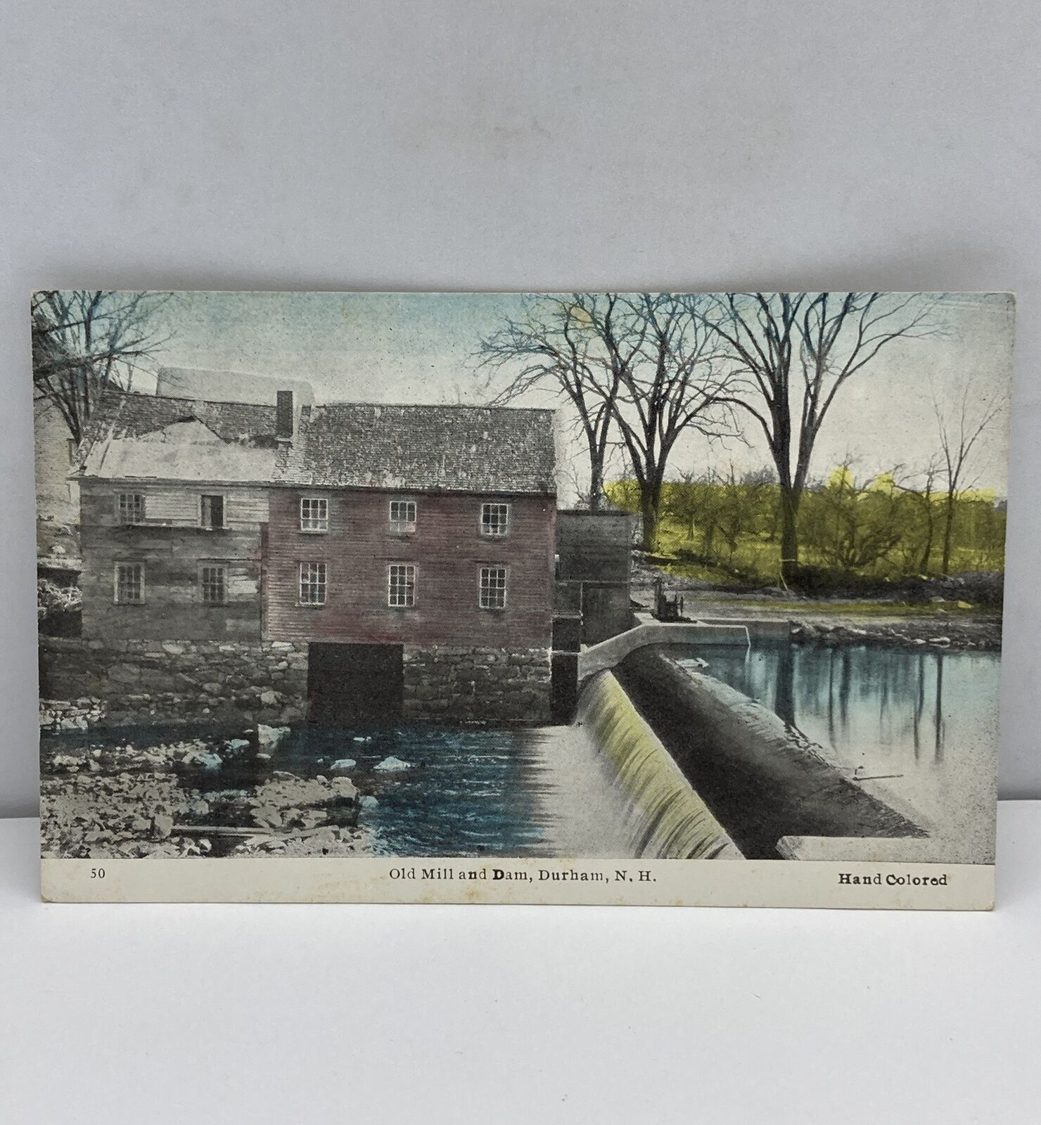 Old Mill and Dam Durham NH Roof Damage Hand Colored FW Swallow Unposted Postcard