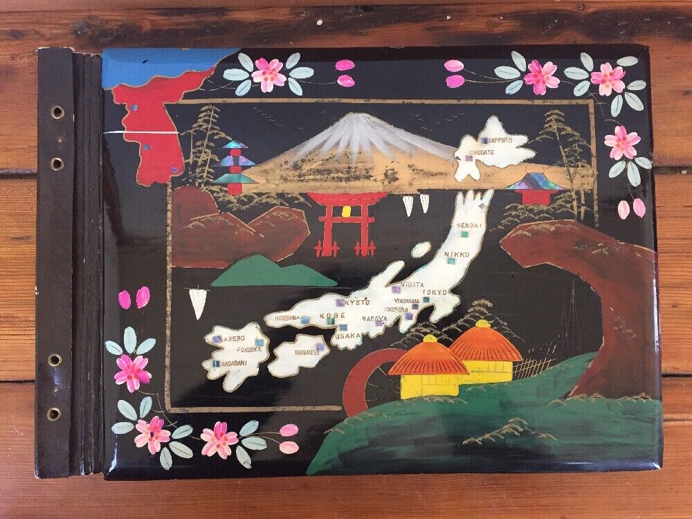 Vtg WWII Era Japanese Black Lacquer Mother Of Pearl Inlay Painted Photo Album