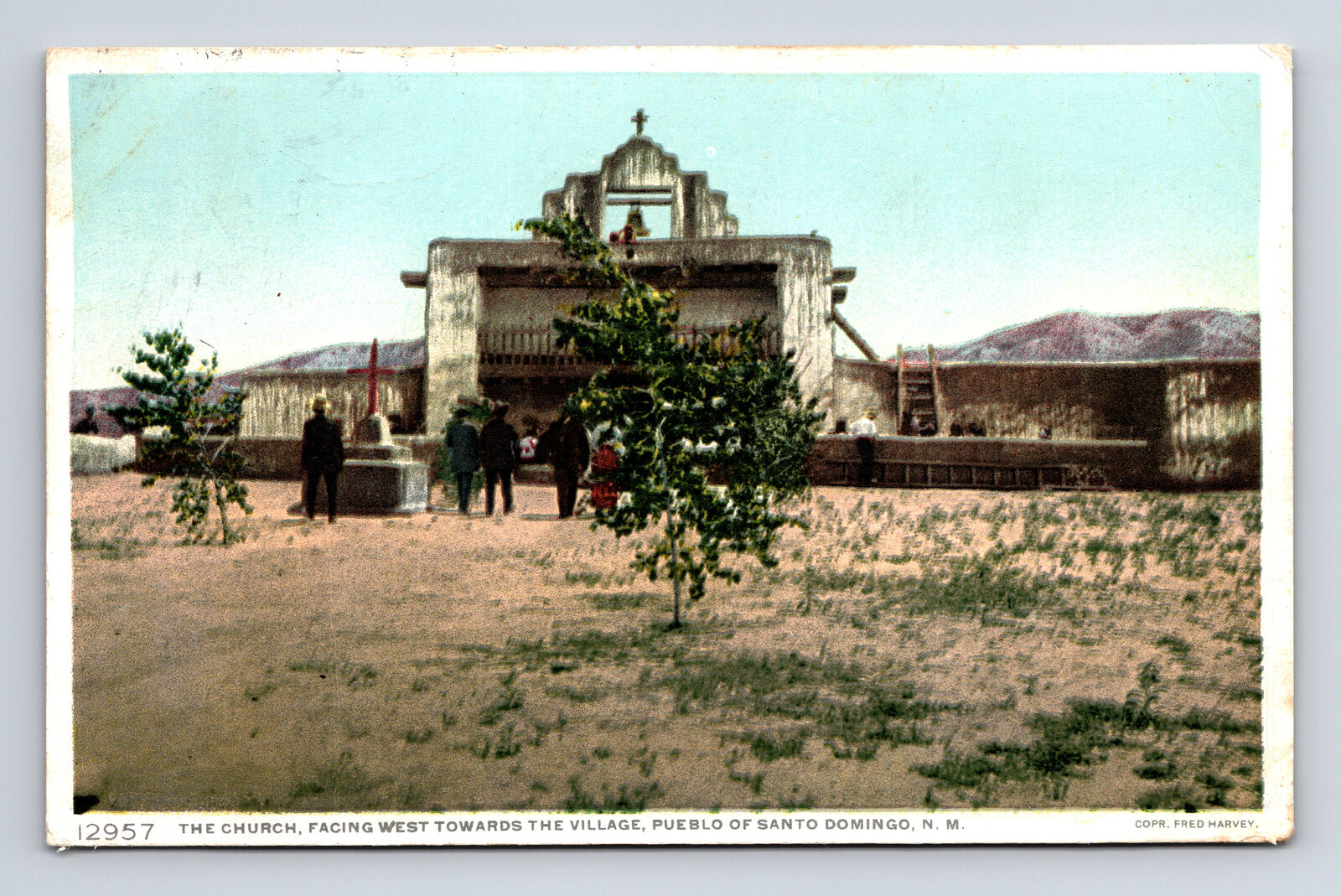 1916 FRED HARVEY PHOSTINT Church Pueblo of Santo Domingo NM Postcard
