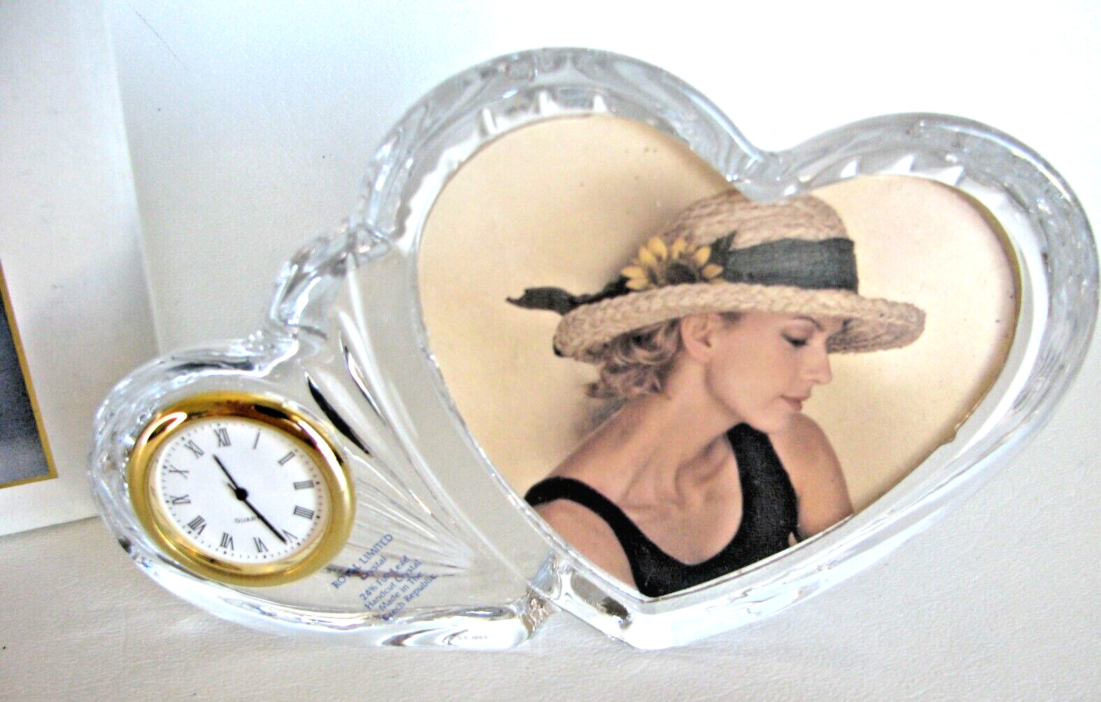 Czech 24% Lead Crystal Double Heart Frame Vanity Desk Clock 95 Royal Limited