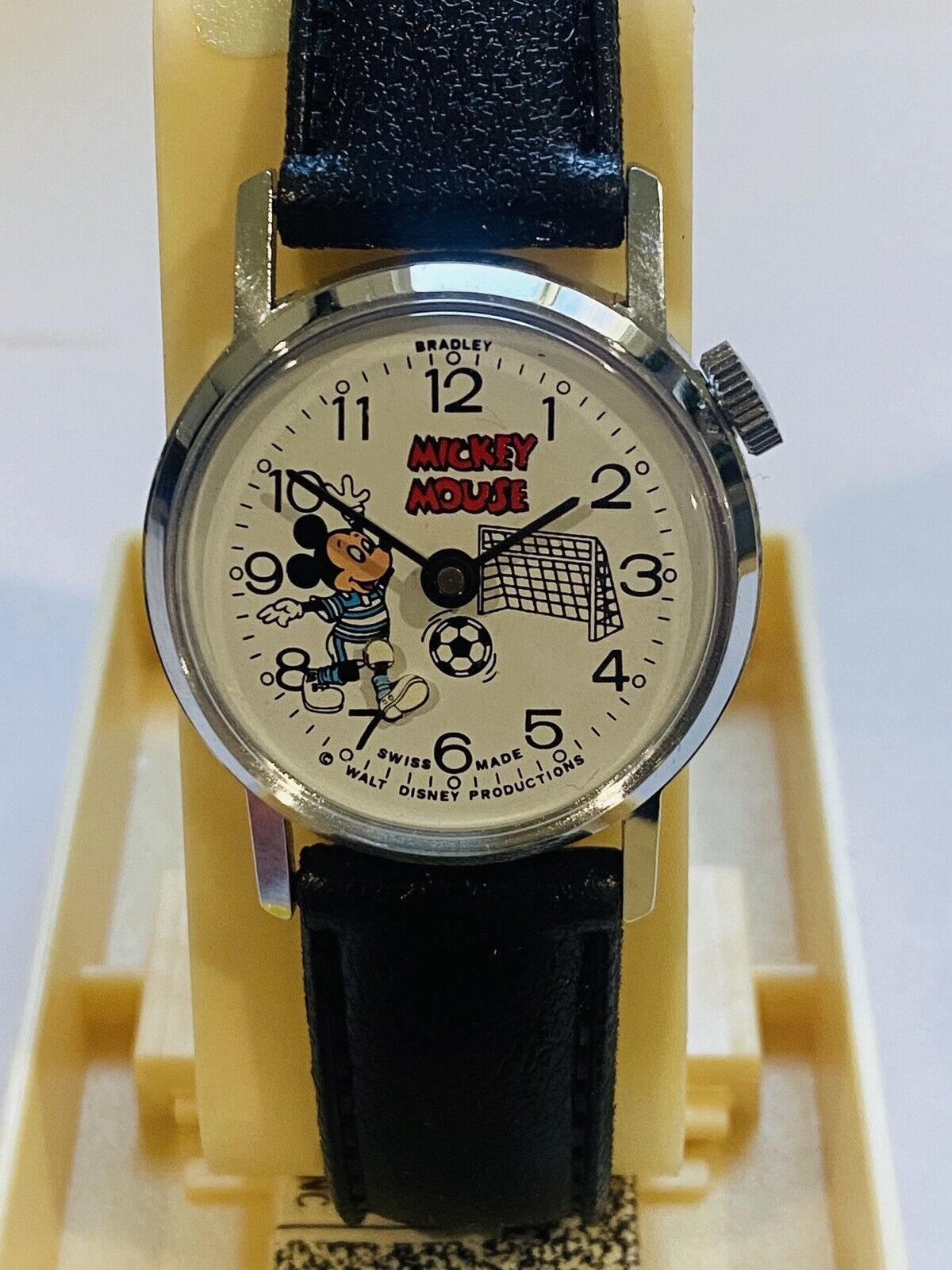 NOS 1978 Mickey Mouse Disney Bradley Swiss Motion Soccer Watch Wind Runs Great