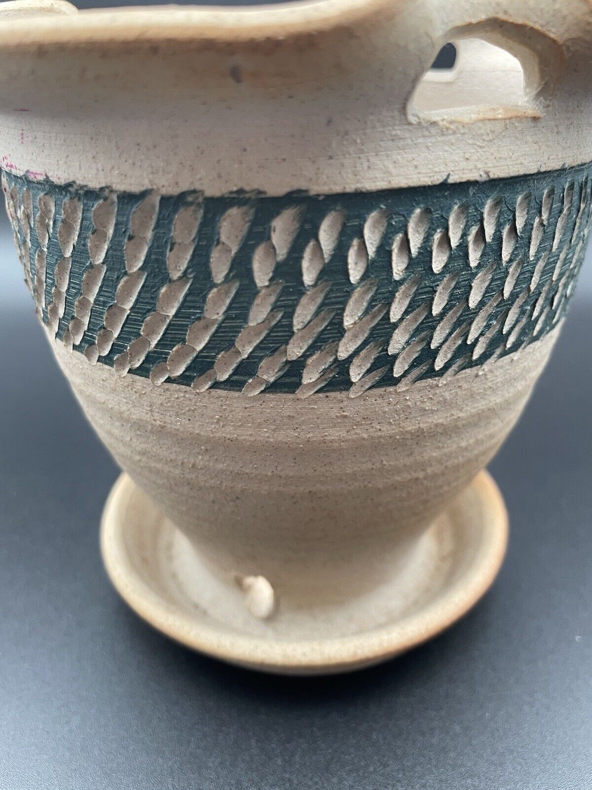 Handmade Studio Pottery Hanging Planter, Pot, Base Tan And Green Unique