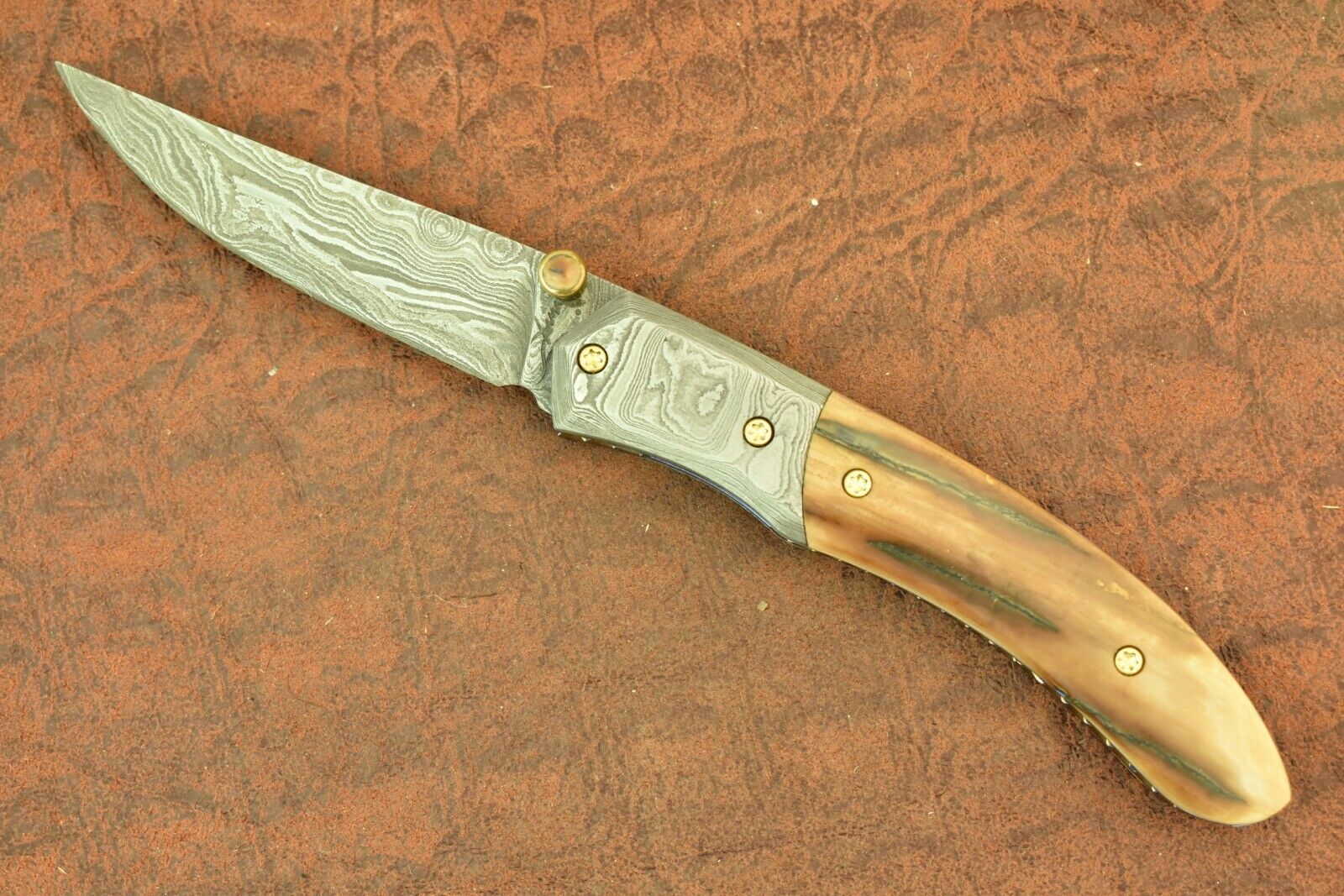 CUSTOM UNKNOWN MAKER MAMMOTH DAMASCUS FILE WORKED GUN BLUED KNIFE (7782)