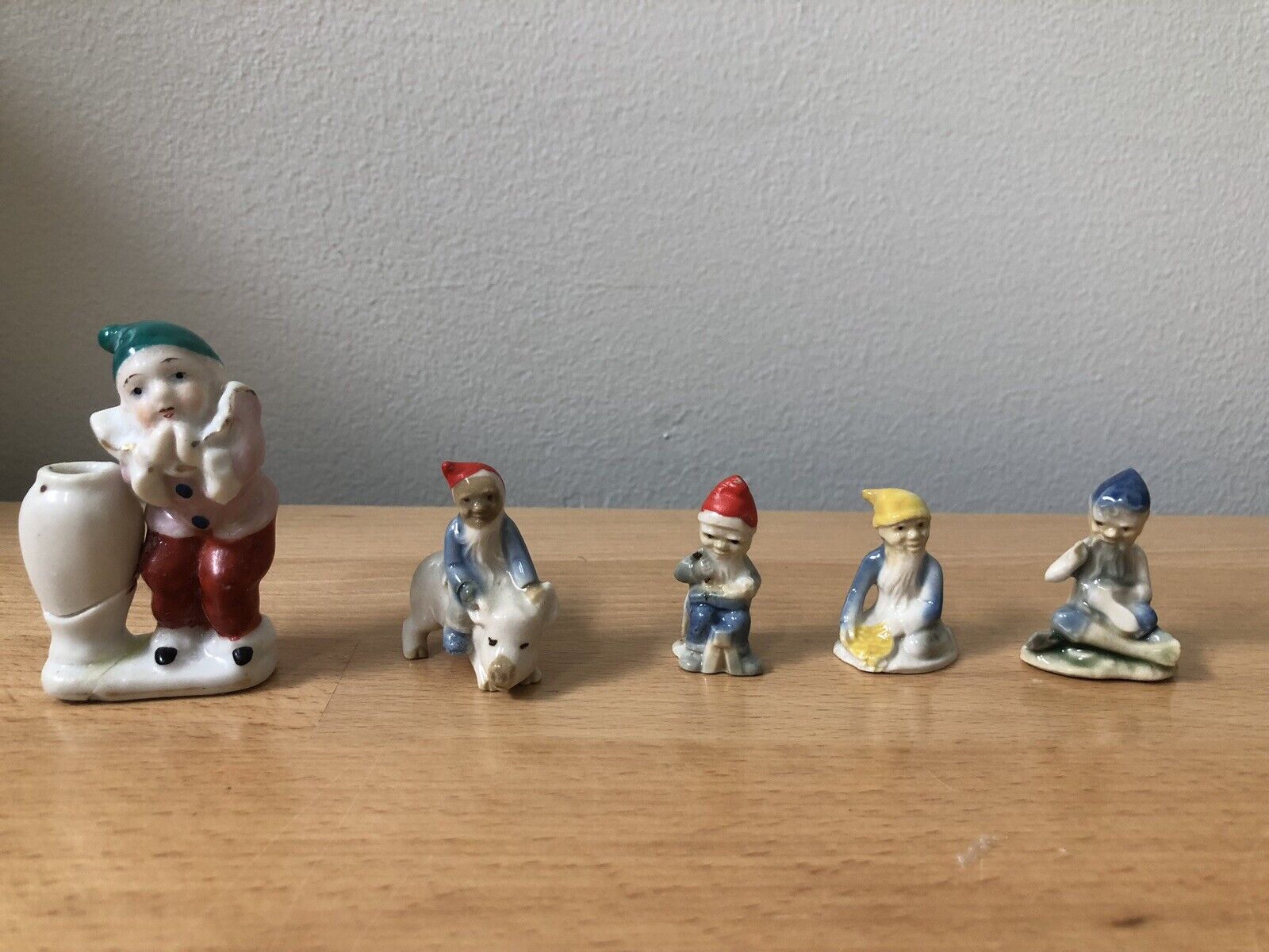 Vintage Wade Whimsies Porcelain Miniature Gnome Riding Pig Plus Figurine Set