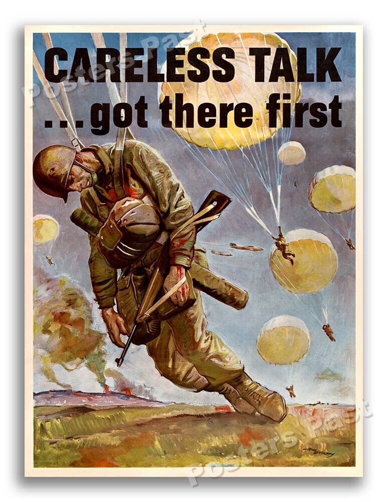 1944 Careless Talk - Paratrooper Vintage Style WW2 Poster - 24x32
