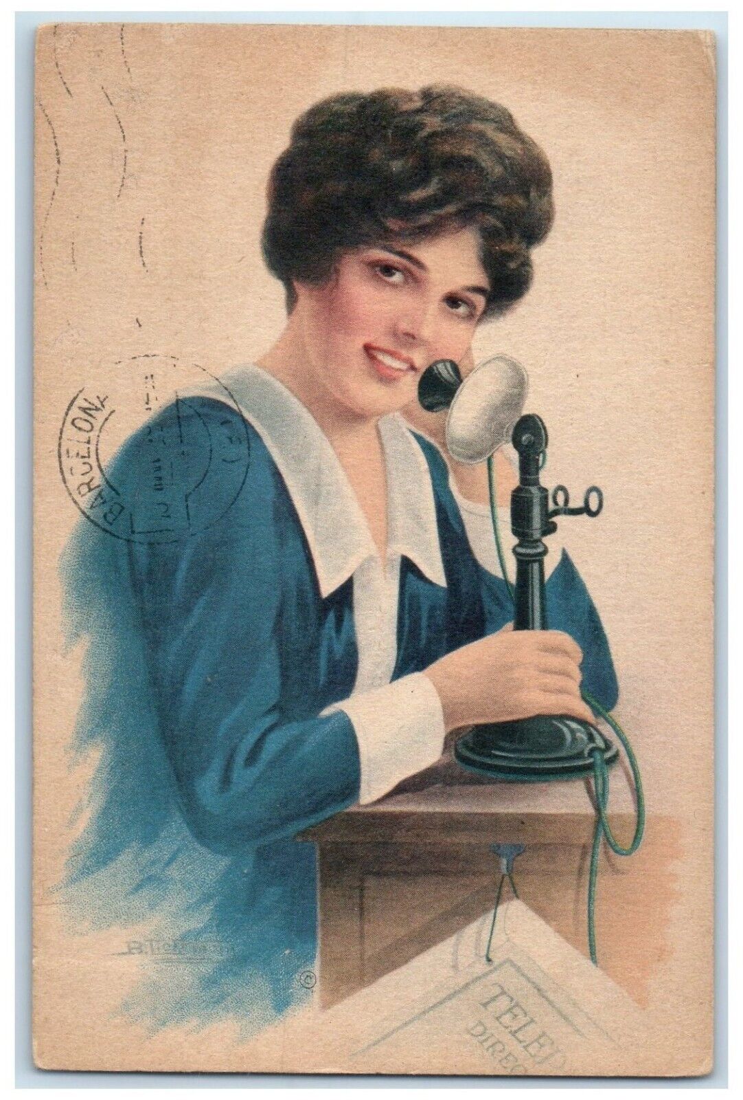 c1910's Pretty Woman Curly Hair Telephone Barcelona Posted Antique Postcard