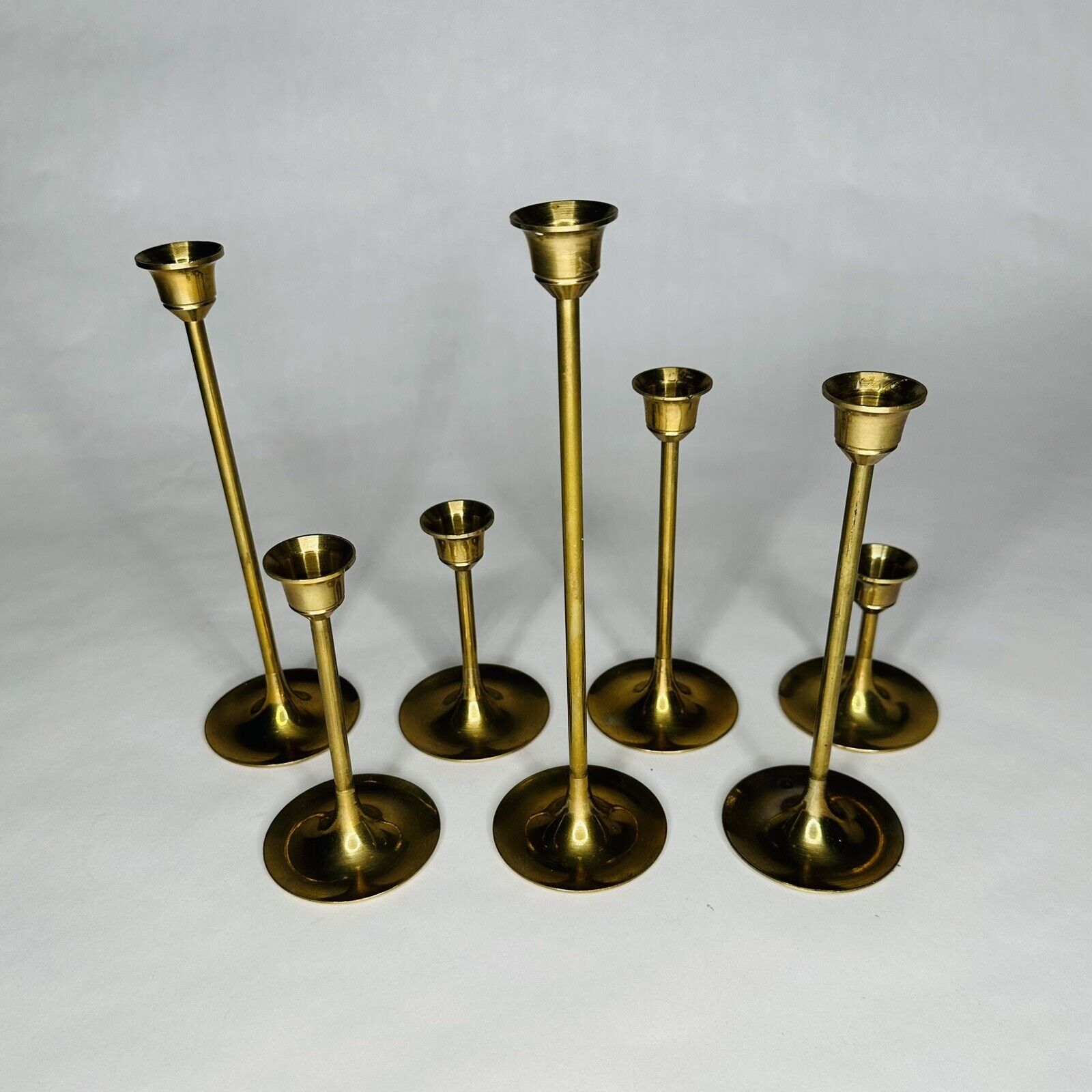 Vintage 7 Piece Solid Brass Candlesticks Graduated 3\