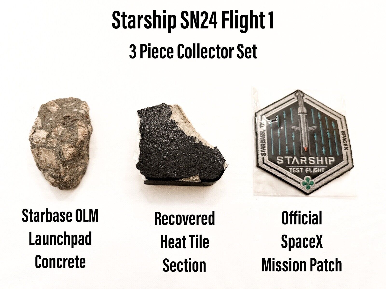 SpaceX Starship SN24 S24 Heat Shield Tile w/Launchpad & Official Patch - 3pc Set