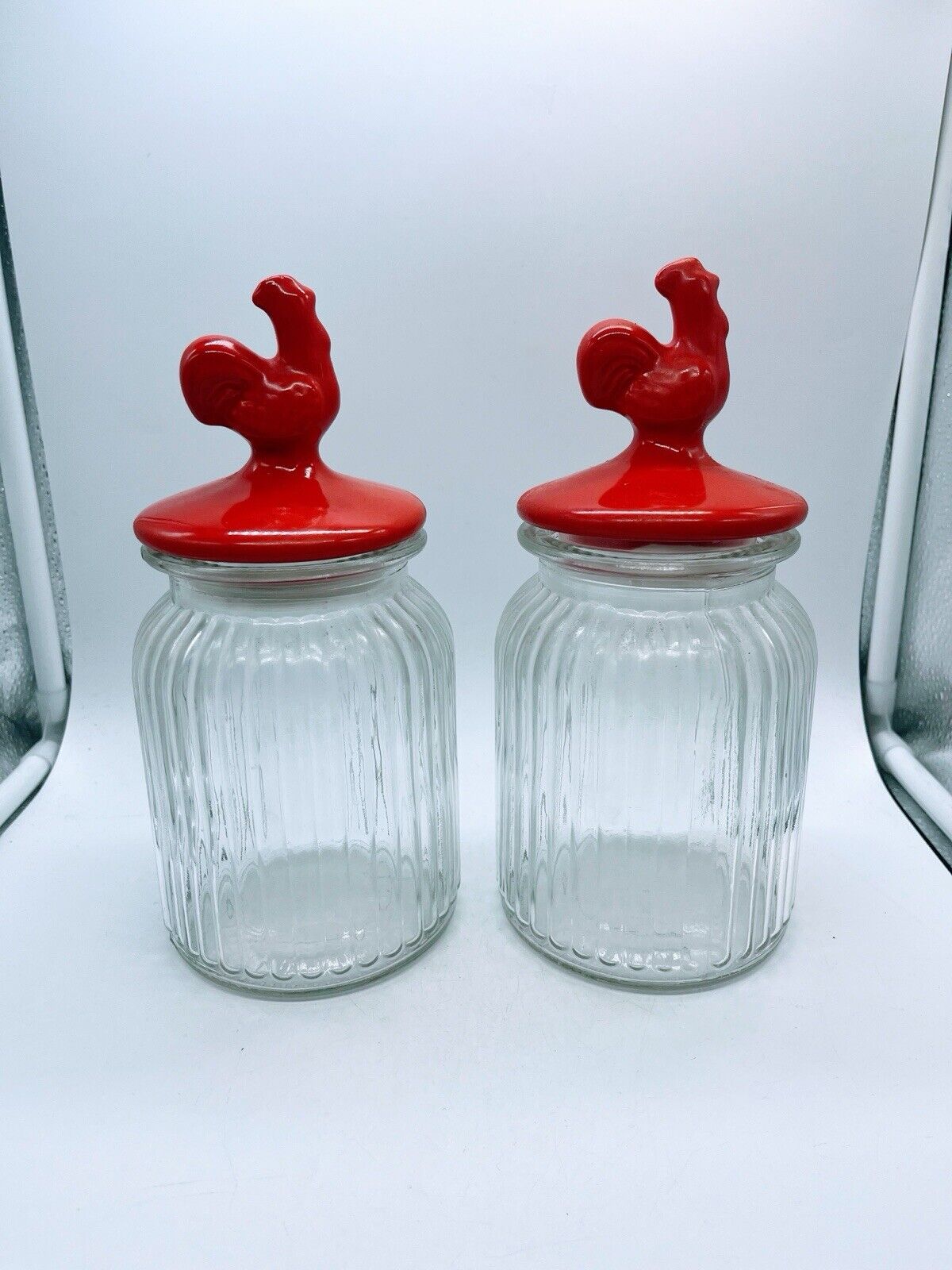 Pair of Red Rooster Canisters