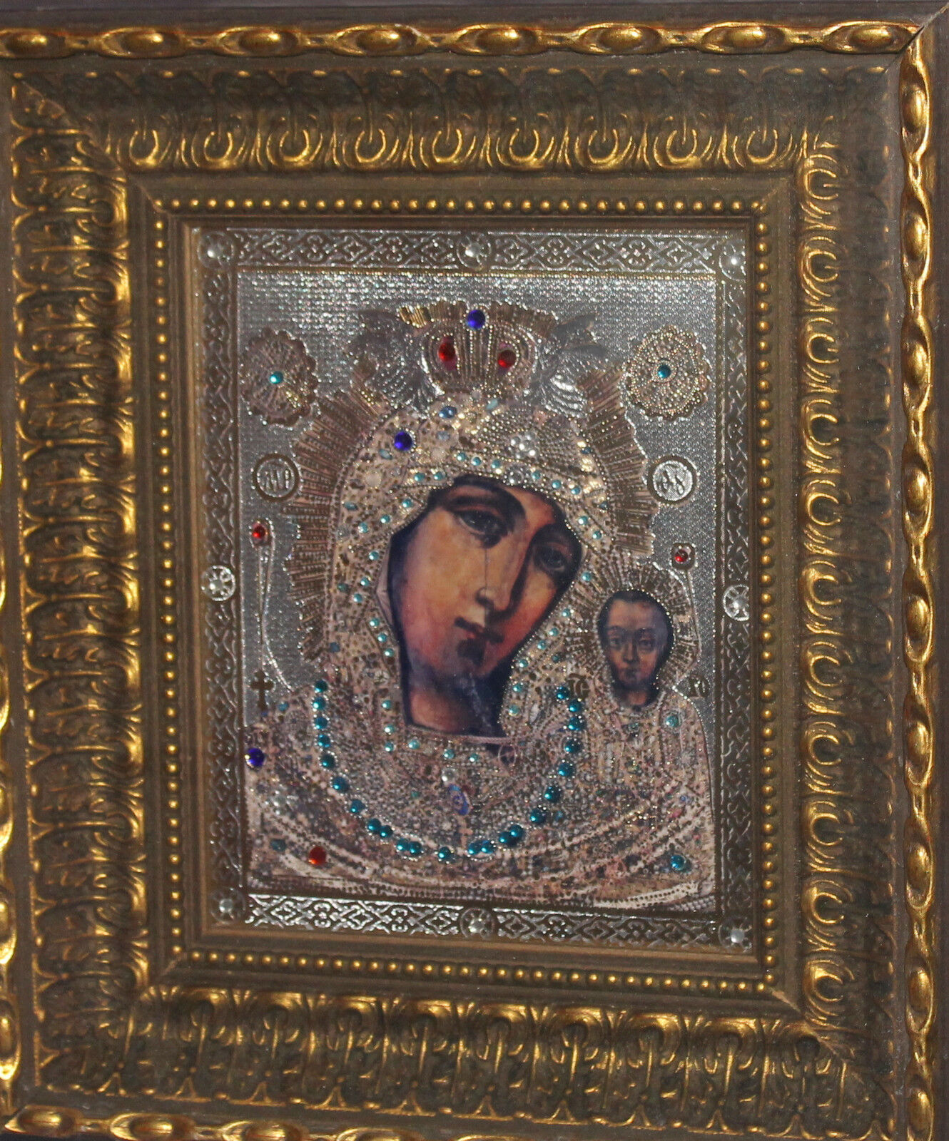 Framed relief pritned icon Virgin Mary Christ Child