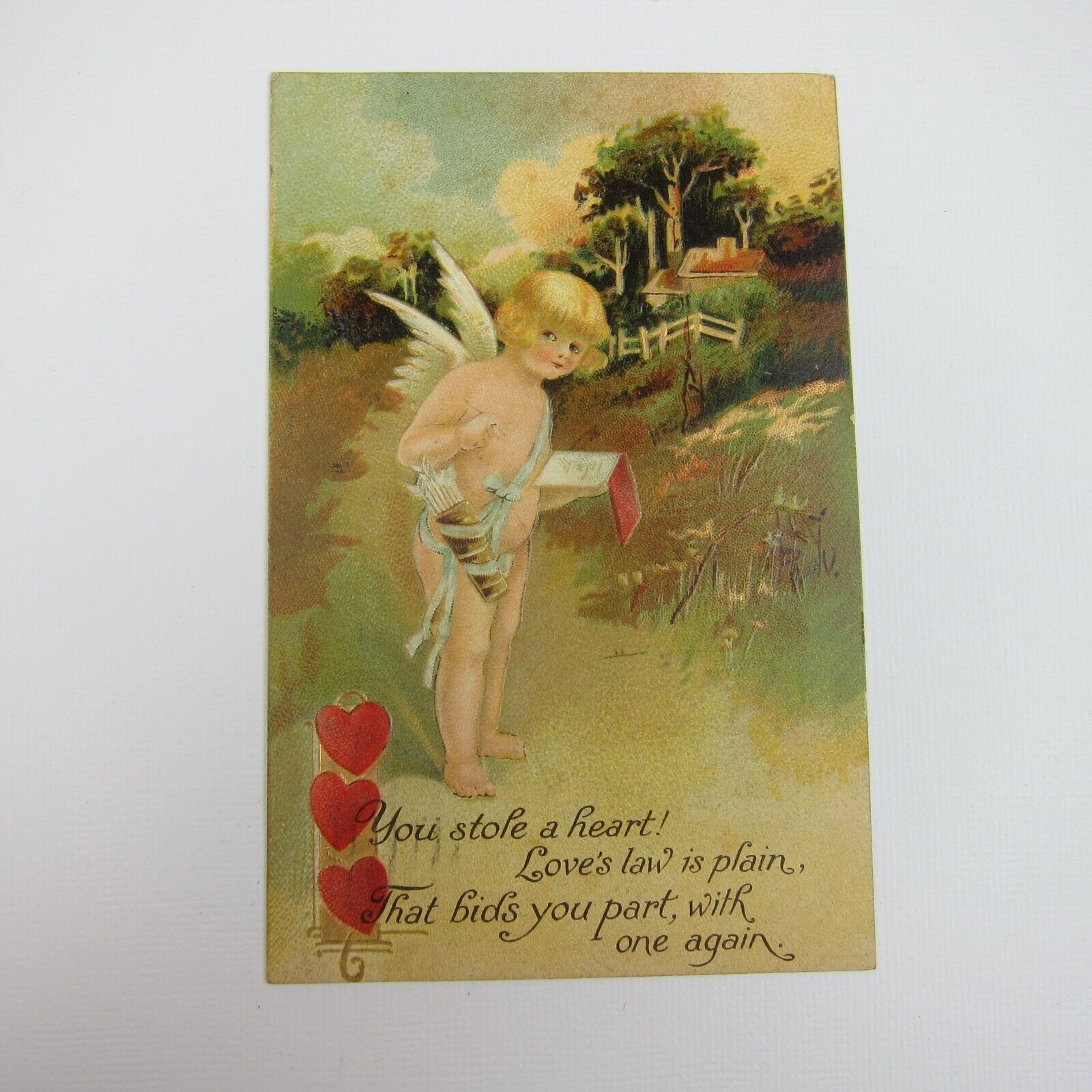 Postcard Valentine Cherub Angel Cupid Meadow House Trees Red Hearts Antique 1911