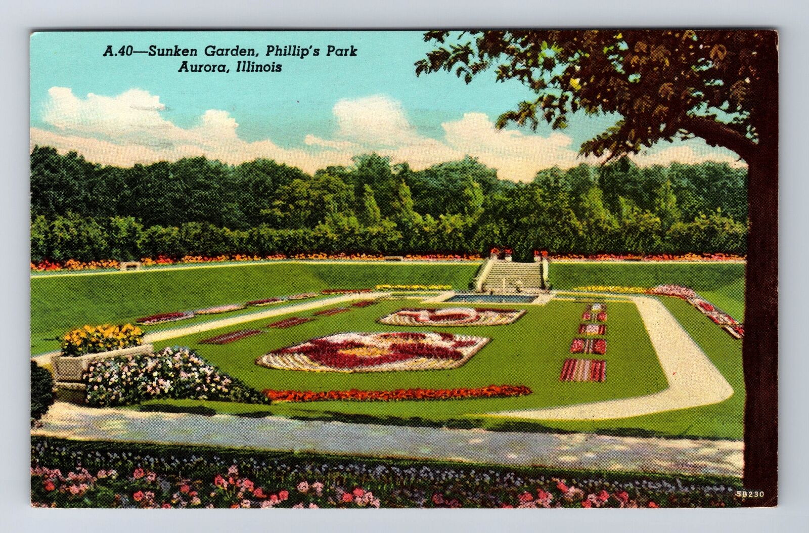 Aurora IL-Illinois, Sunken Garden, Phillip's Park Antique Vintage c1952 Postcard