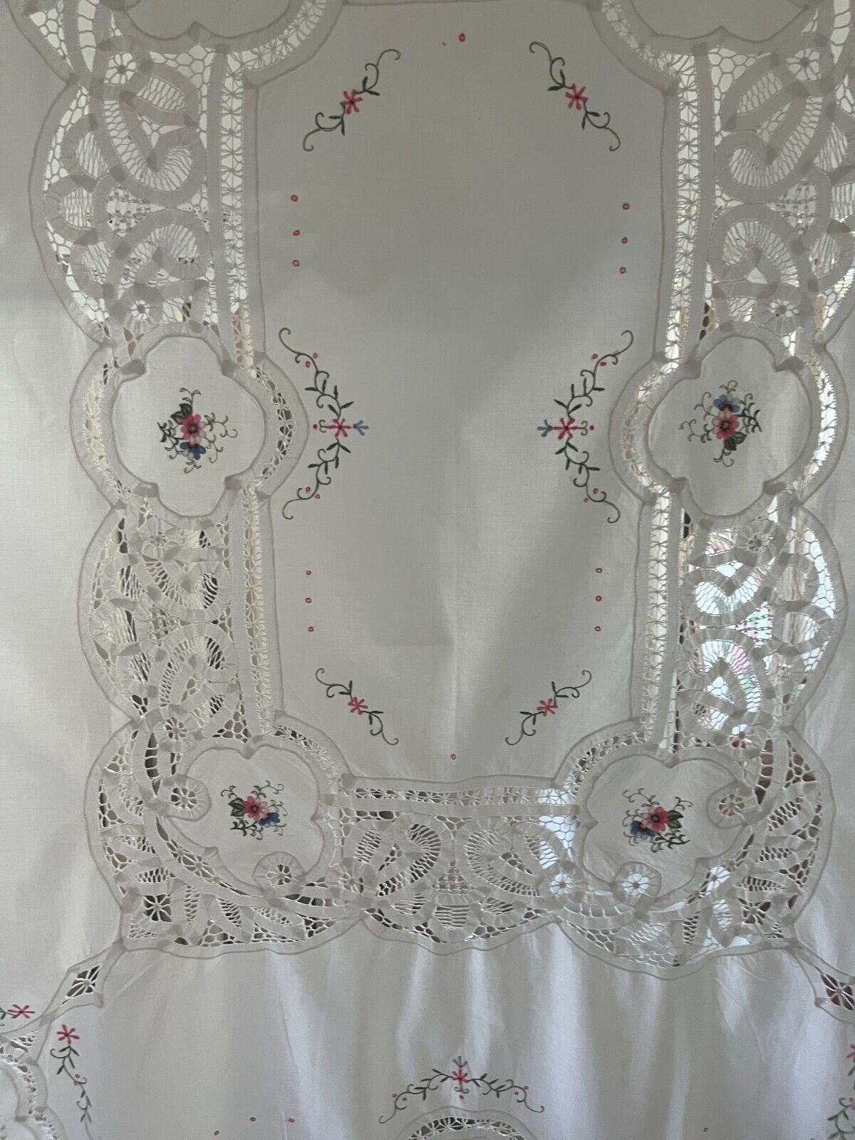Vintage Embroidered White Tablecloth Battenburg Lace 53