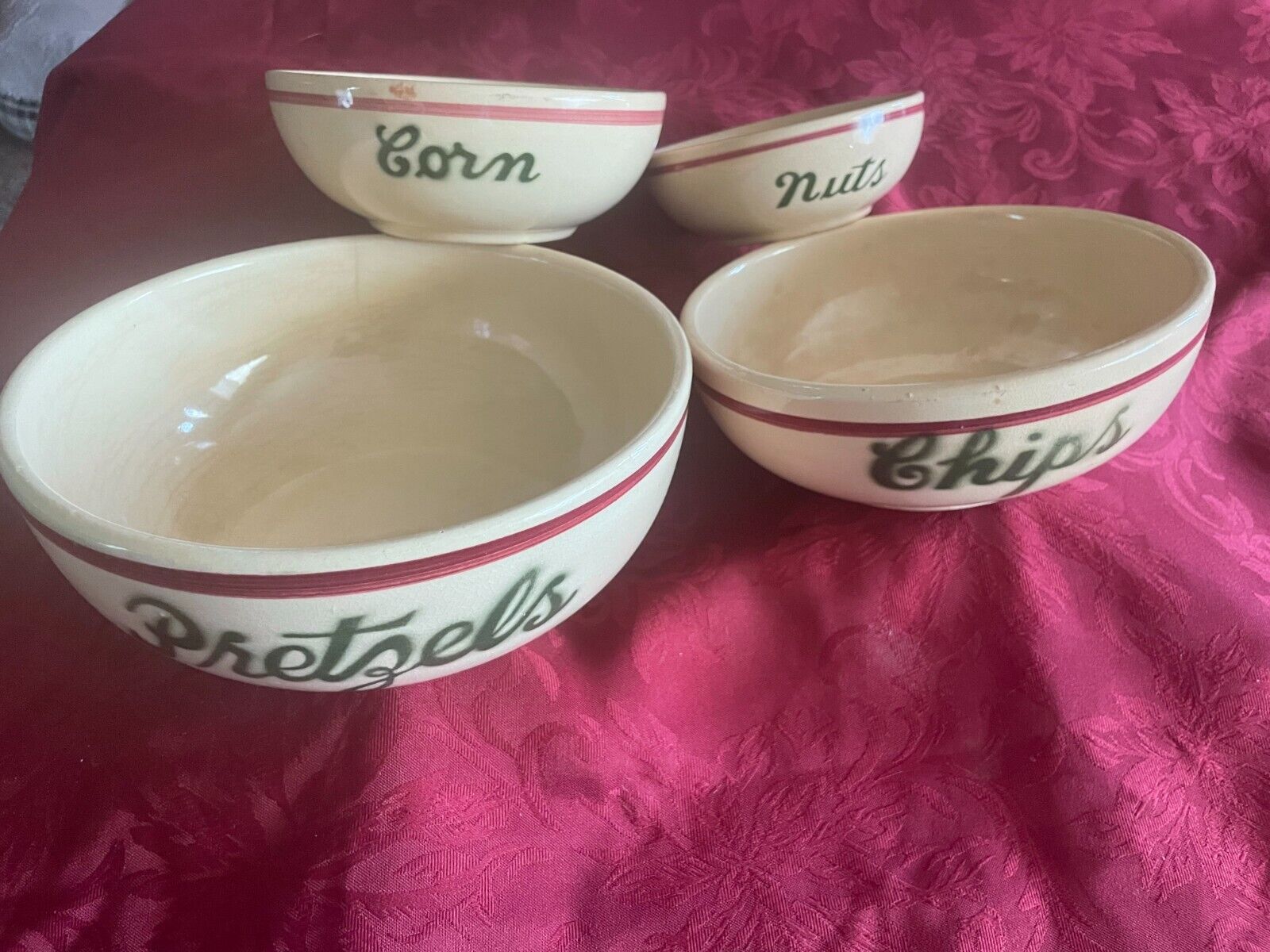 Vintage Set Stackable Pretzel, Chips, Corn & Nuts Snack Oven Ware Bowls