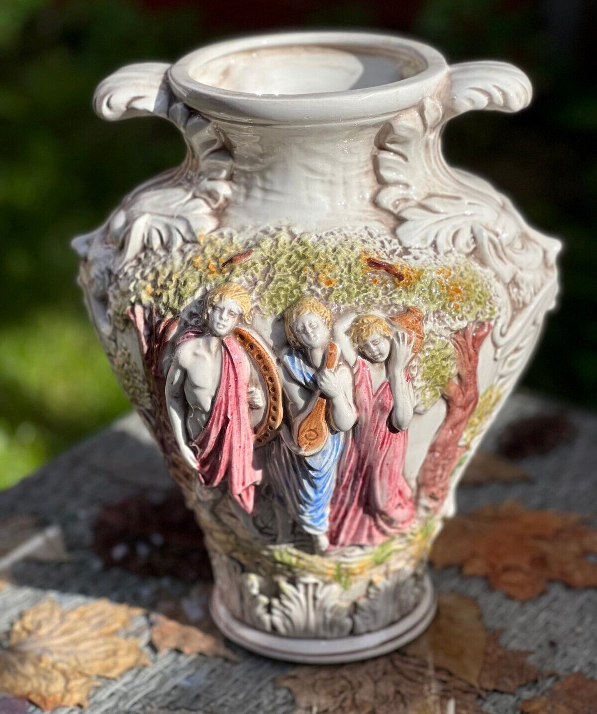 Vintage Capo De Monte Glazed Ceramic Urn Vase Hade Painted Relief 12.6\