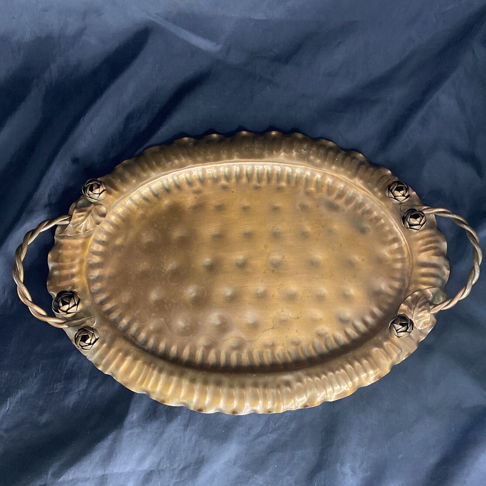 Vintage Gregorian Hammered Copper Tray W Twisted Handles And Copper Roses 17”