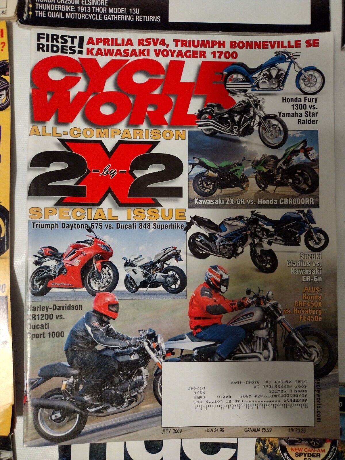 JULY 2009 CYCLE WORLD MAGAZINE, COMPARISON ISSUE, APRILIA RSV4, KAWASAKI VOYAGER