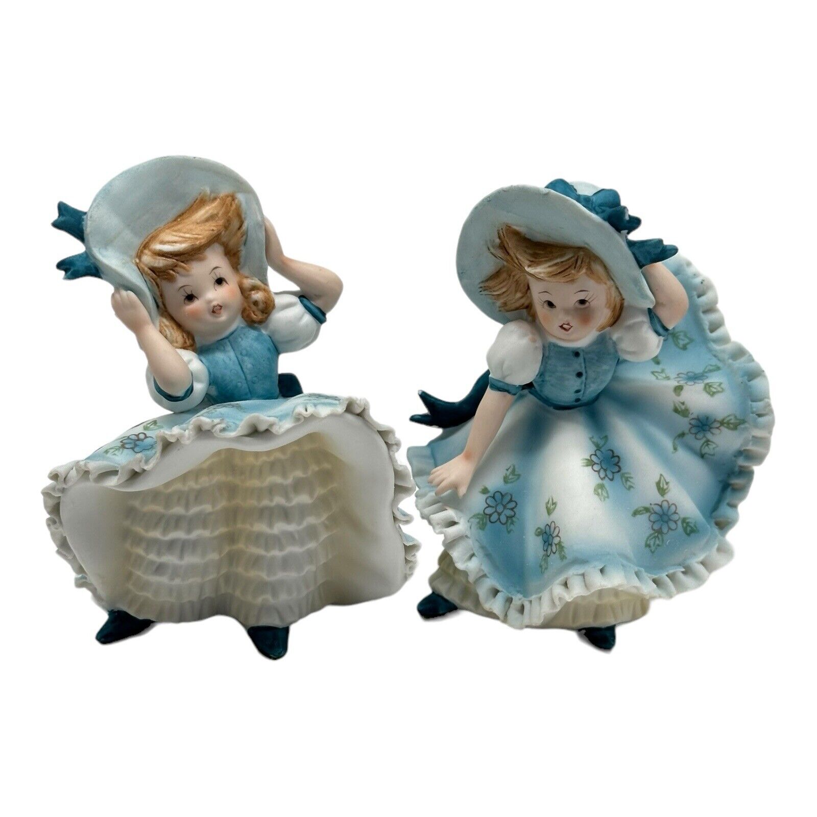 2 Vintage Lefton Figurine KW3701 Girl Blue Bonnet Ruffle Dress Windy Bloomer