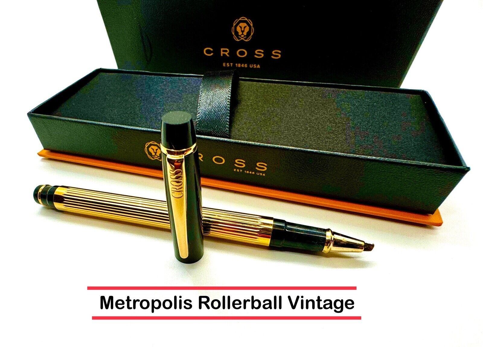 CROSS METROPOLIS Black Lacquer and 23K Gold Plated Rollerball Pen Vintage W/Box