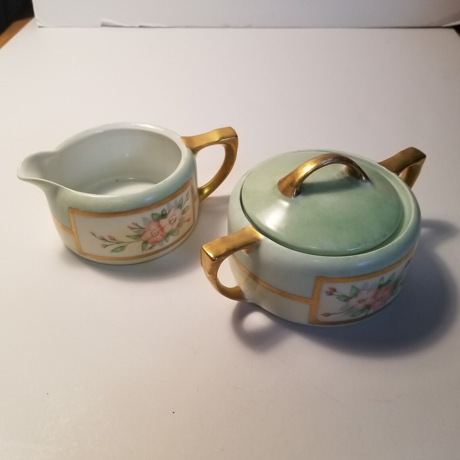 Vintage Hand Painted, RS Tillowitz Silesia Lt green w Gold Cream and Sugar READ
