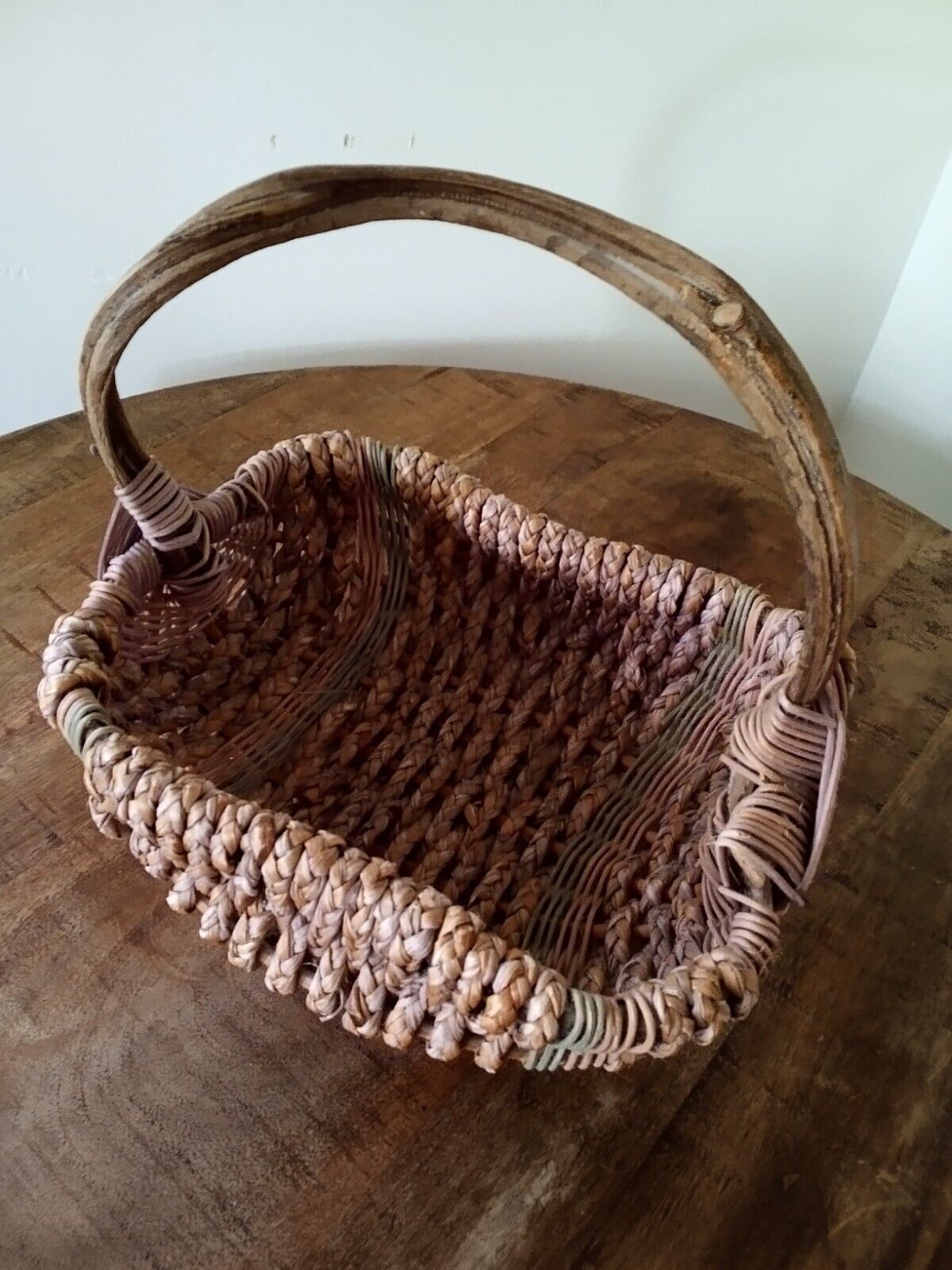 Antique Folk Art Rustic Gathering Basket* Raw Vine Handle* Vintage Woven* Pastel