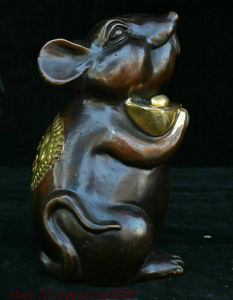 Collect Chinese Bronze Gilt Fengshui 12 Zodiac Year Animal Mouse Yuan Bao Statue